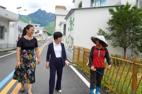 雷彩霞(中)与村干部、村民交流,了解雪峒村相关项目进展。