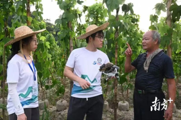 仲恺农业工程学院突击队在竹山粉葛种植基地与农户交流。受访单位供图